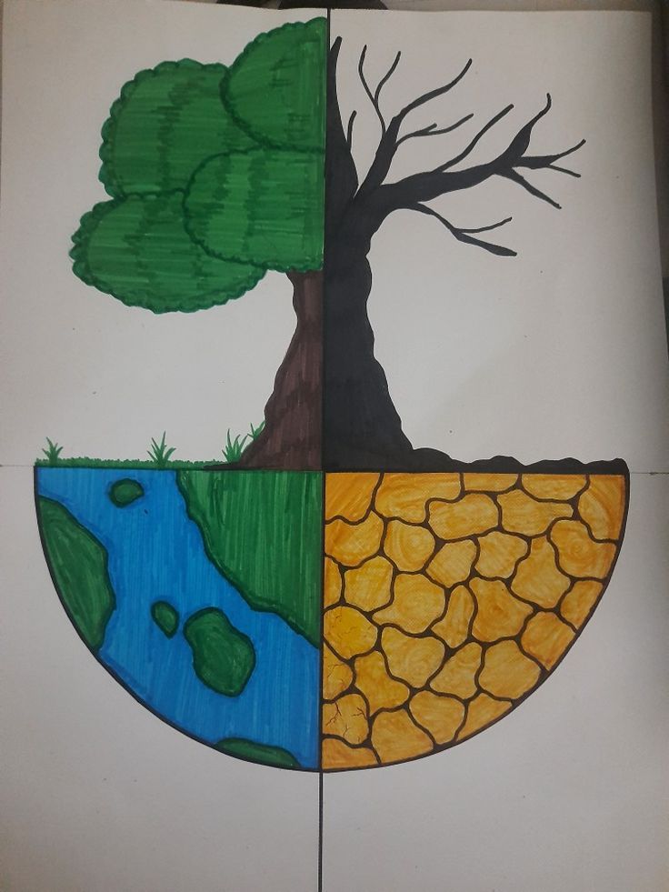 Desenho Fácil para Desenhar: Árvore verde e terra seca