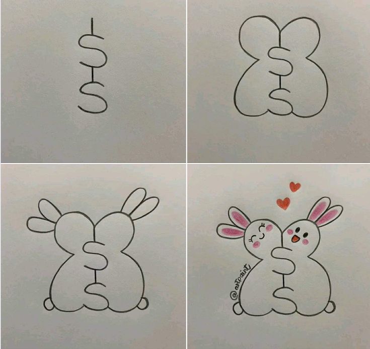 Desenho Fácil para Desenhar: Coelhinhos se abraçando em amor