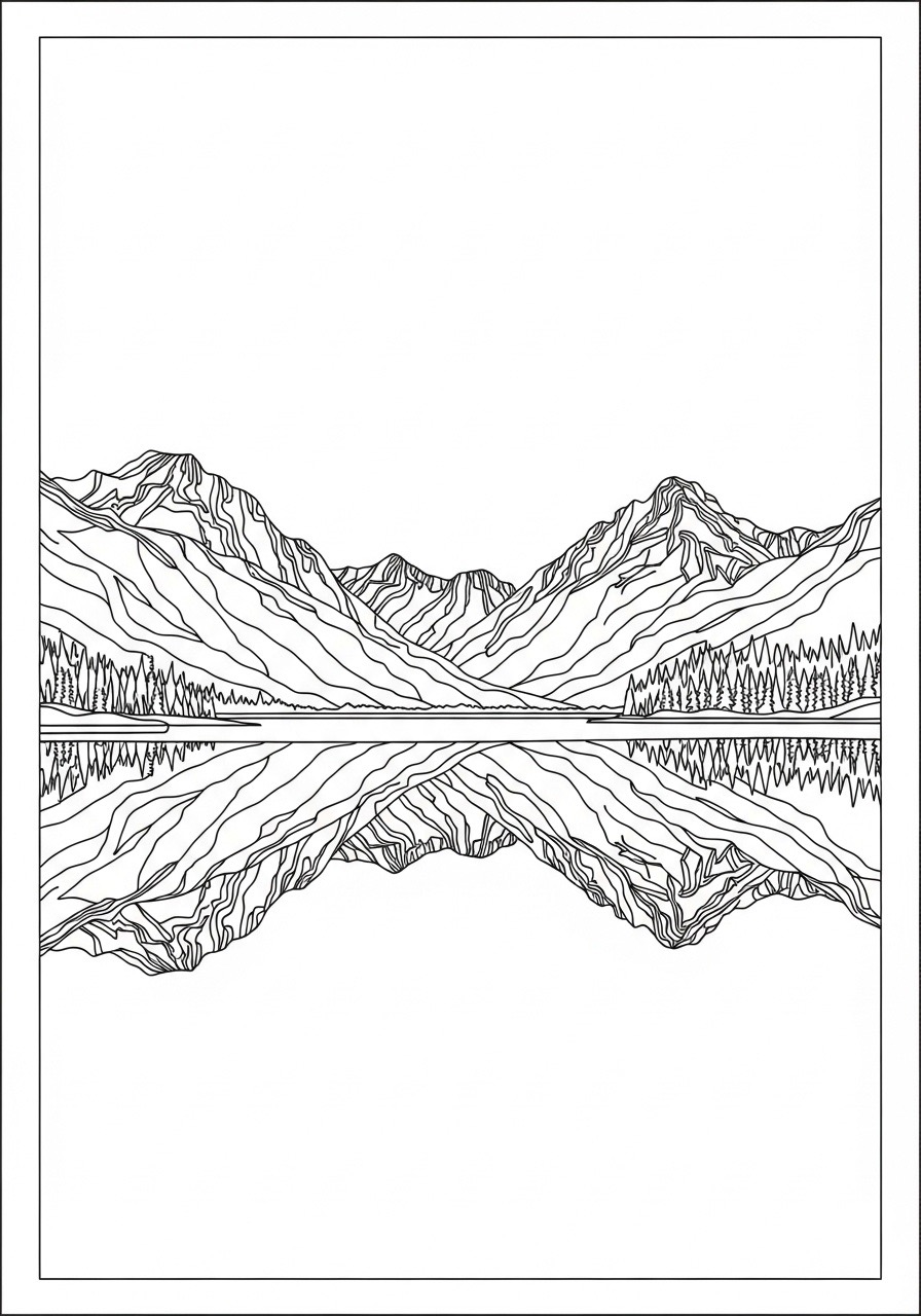Desenho para Colorir para Adultos de uma paisagem montanhosa