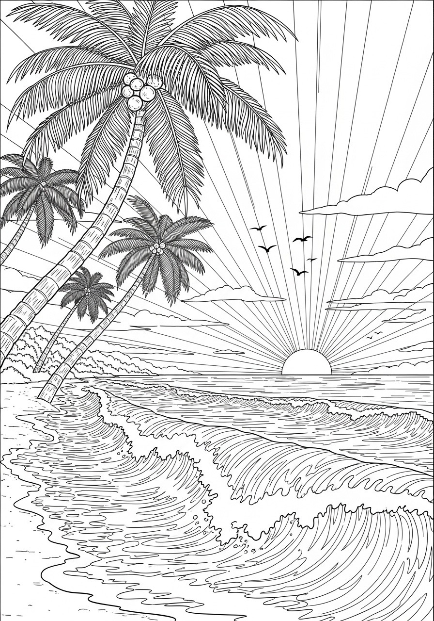 Desenho para Colorir para Adultos de uma paisagem tropical