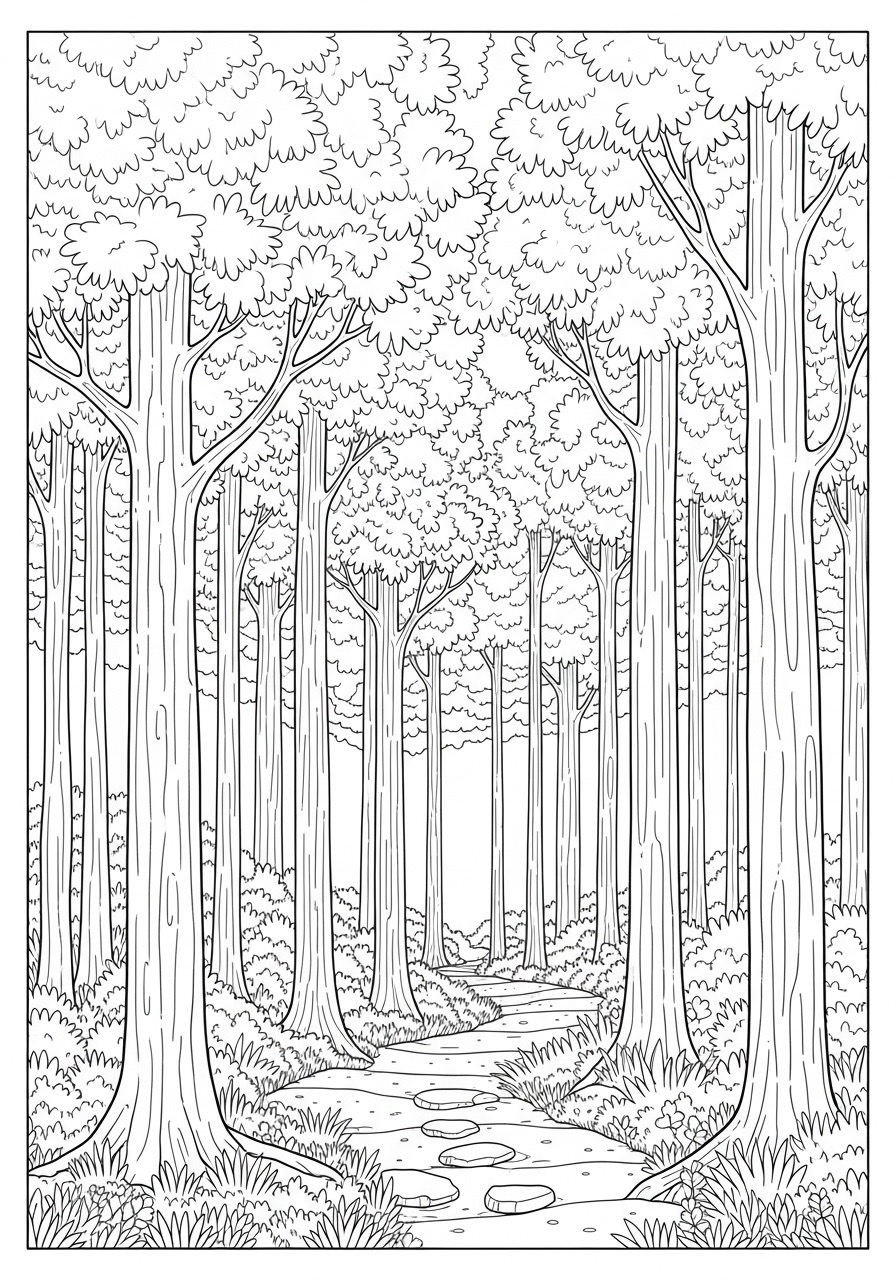 Desenho para Colorir para Adultos de uma floresta com árvores