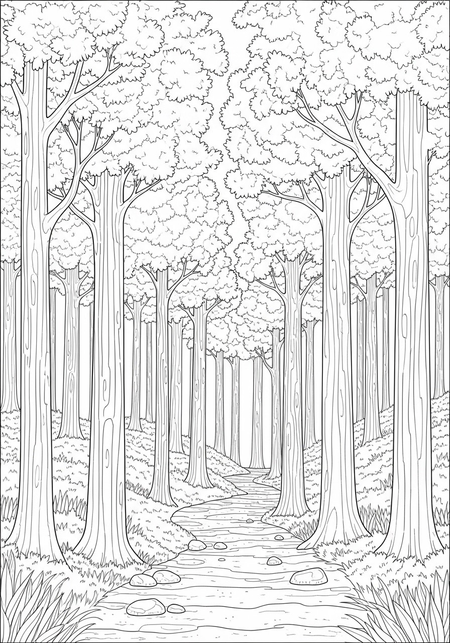 Desenho para Colorir para Adultos de uma floresta com árvores