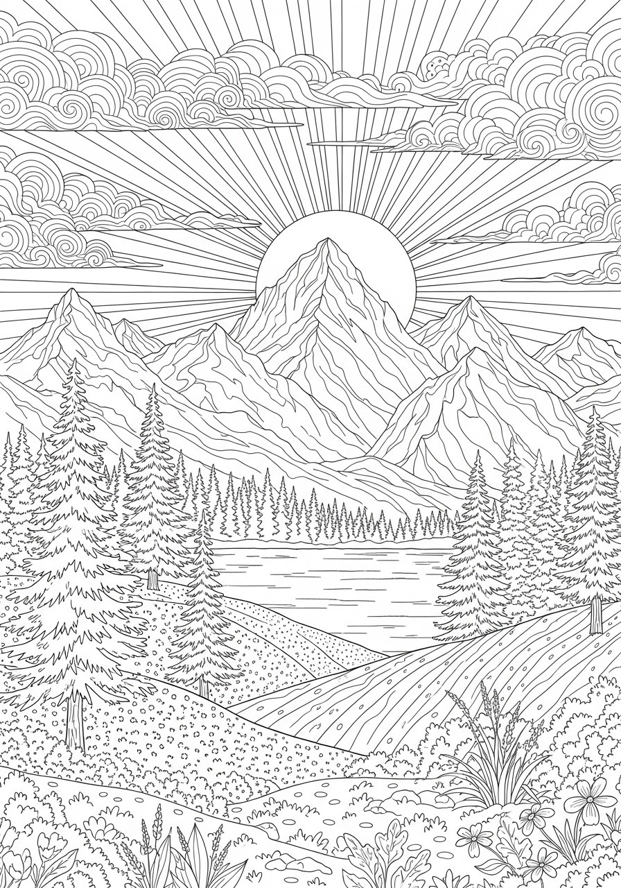Desenho para Colorir para Adultos de uma paisagem montanhosa