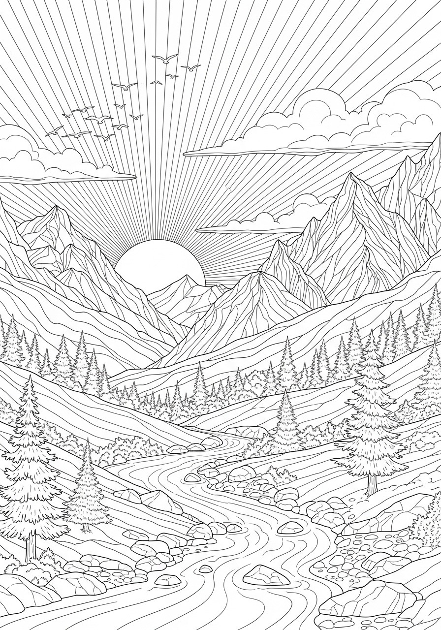 Desenho para Colorir para Adultos de uma paisagem montanhosa