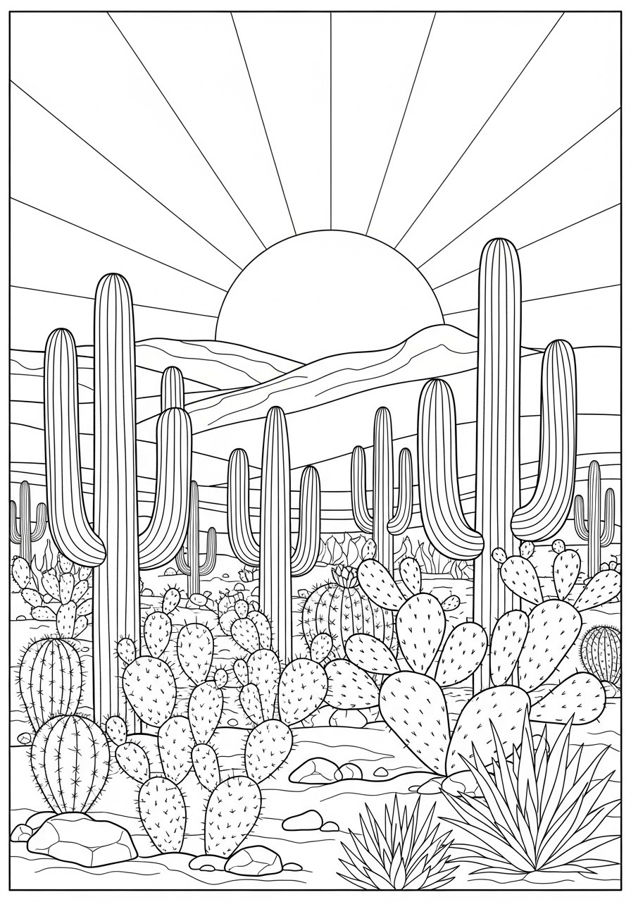 Desenho para Colorir para Adultos de um deserto com cactos