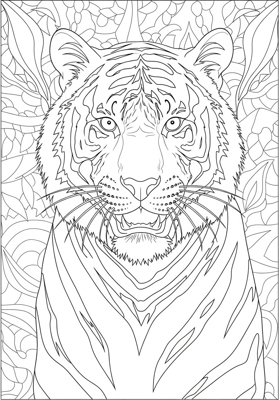 Desenho para Colorir para Adultos de um tigre entre folhas