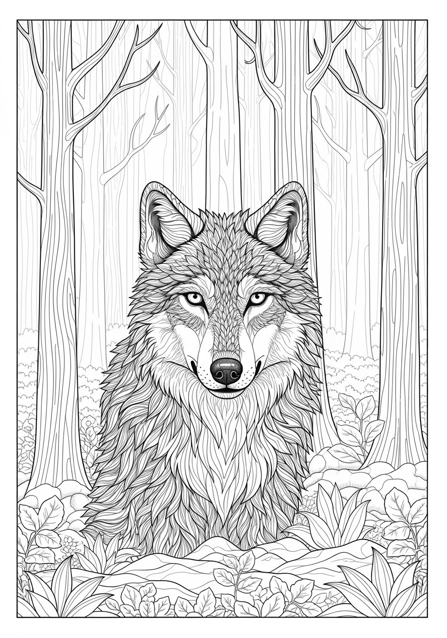 Desenho para Colorir para Adultos de um lobo na floresta