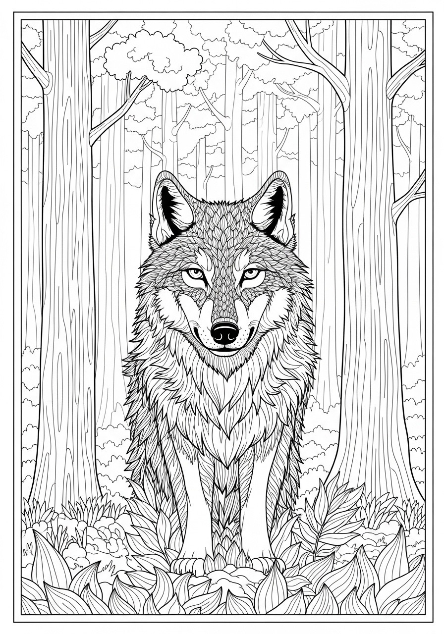 Desenho para Colorir para Adultos de um lobo na floresta
