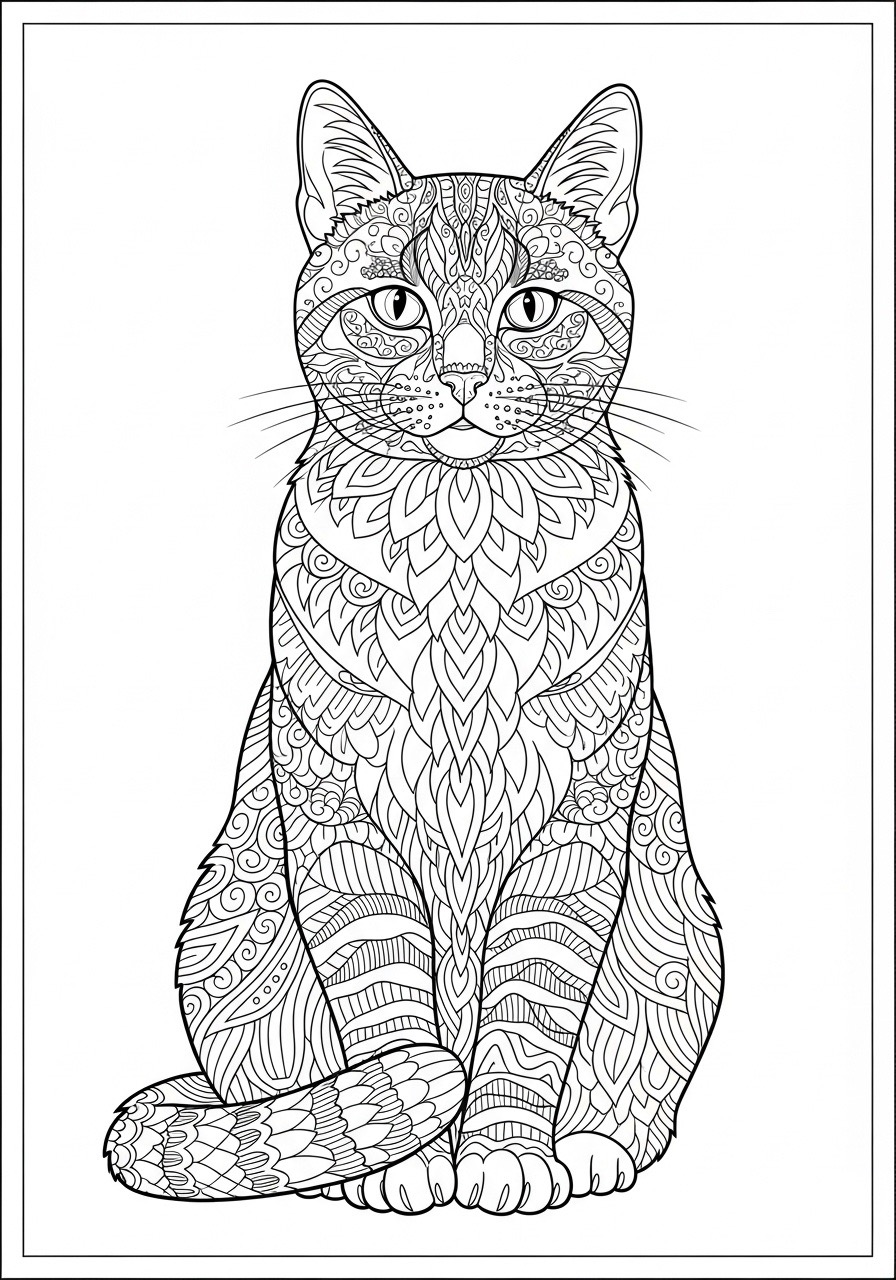 Desenho para Colorir para Adultos de um gato preenchido com padrões