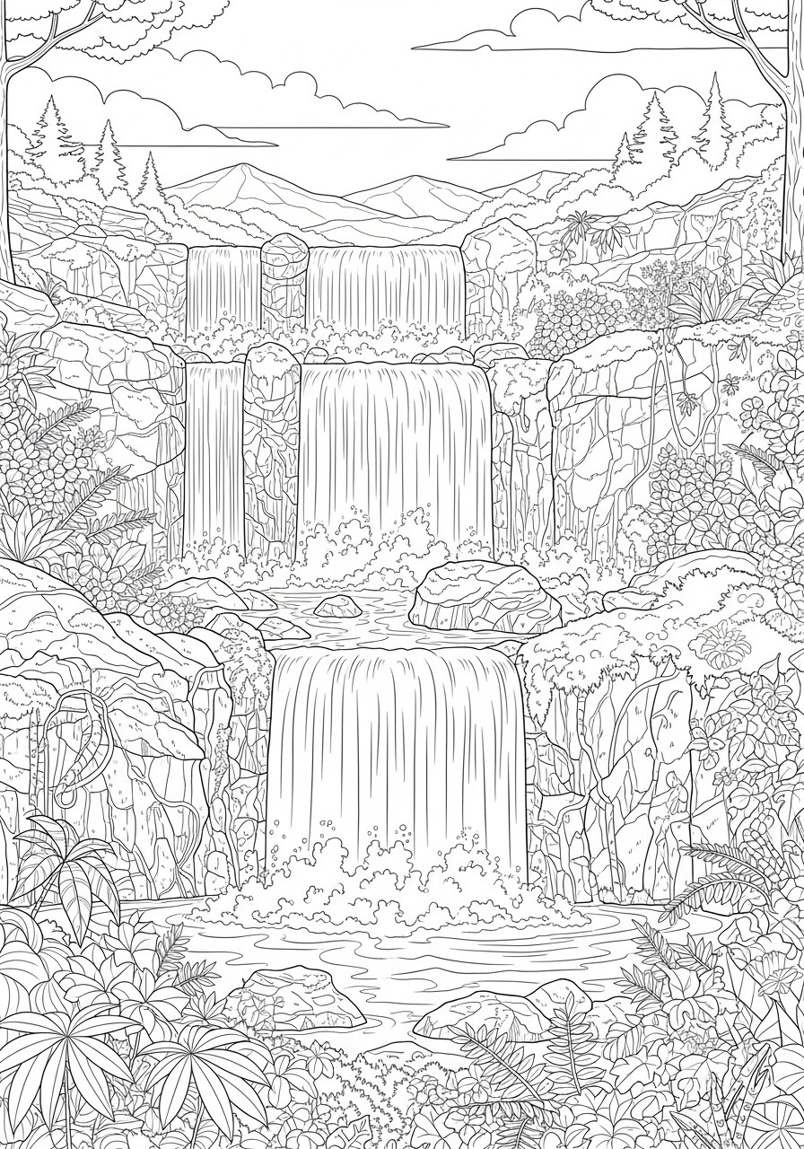Desenho para Colorir para Adultos de uma cachoeira para colorir