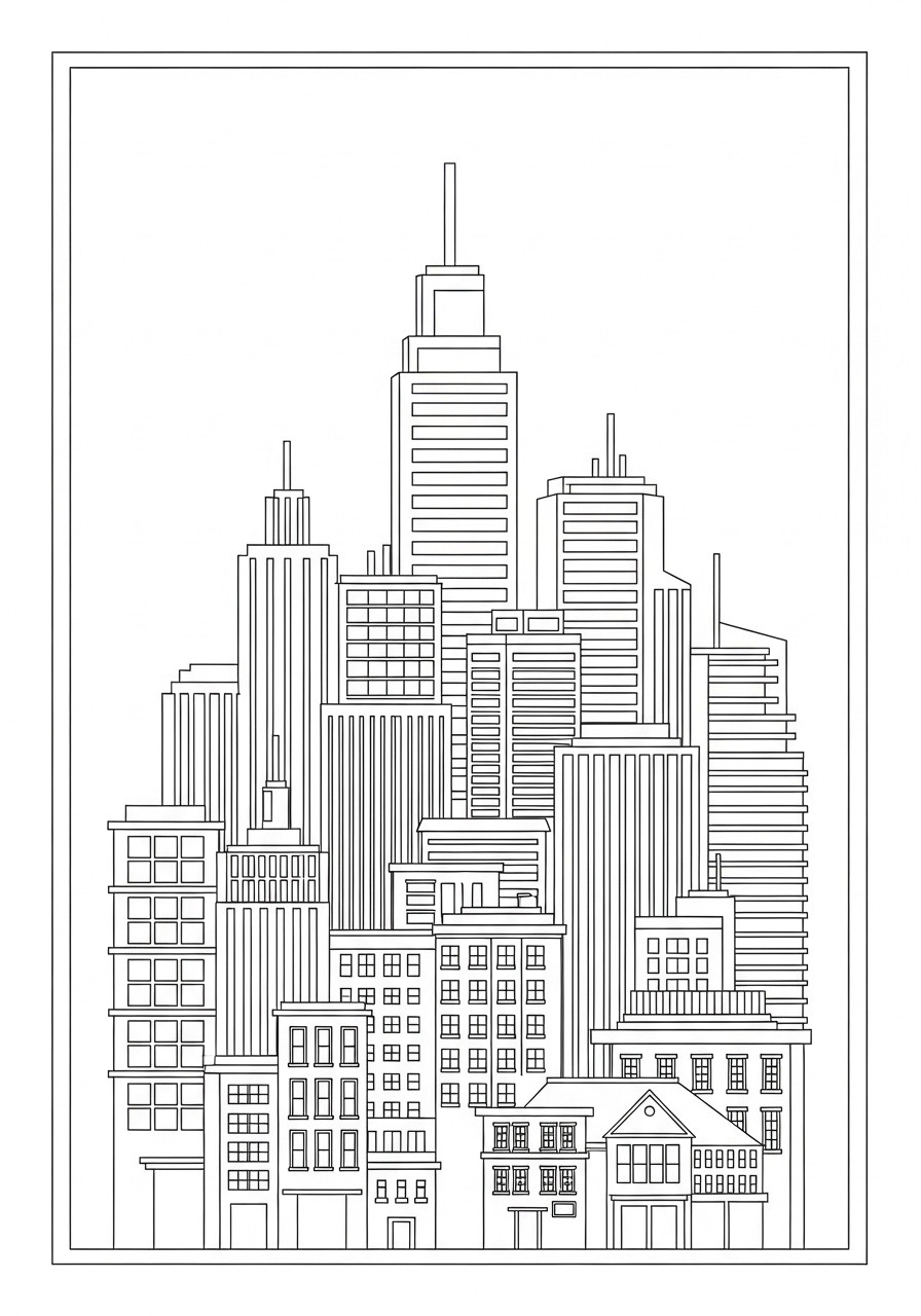 Desenho para Colorir para Adultos de uma cidade com prédios