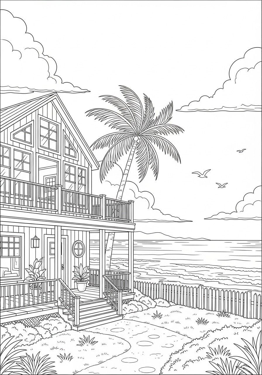 Desenho para Colorir para Adultos de uma casa na praia
