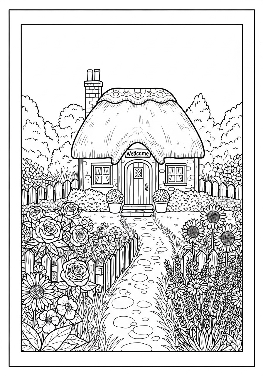Desenho para Colorir para Adultos de uma casa com jardim