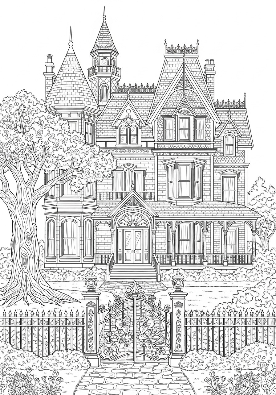 Desenho para Colorir para Adultos de uma mansão vitoriana