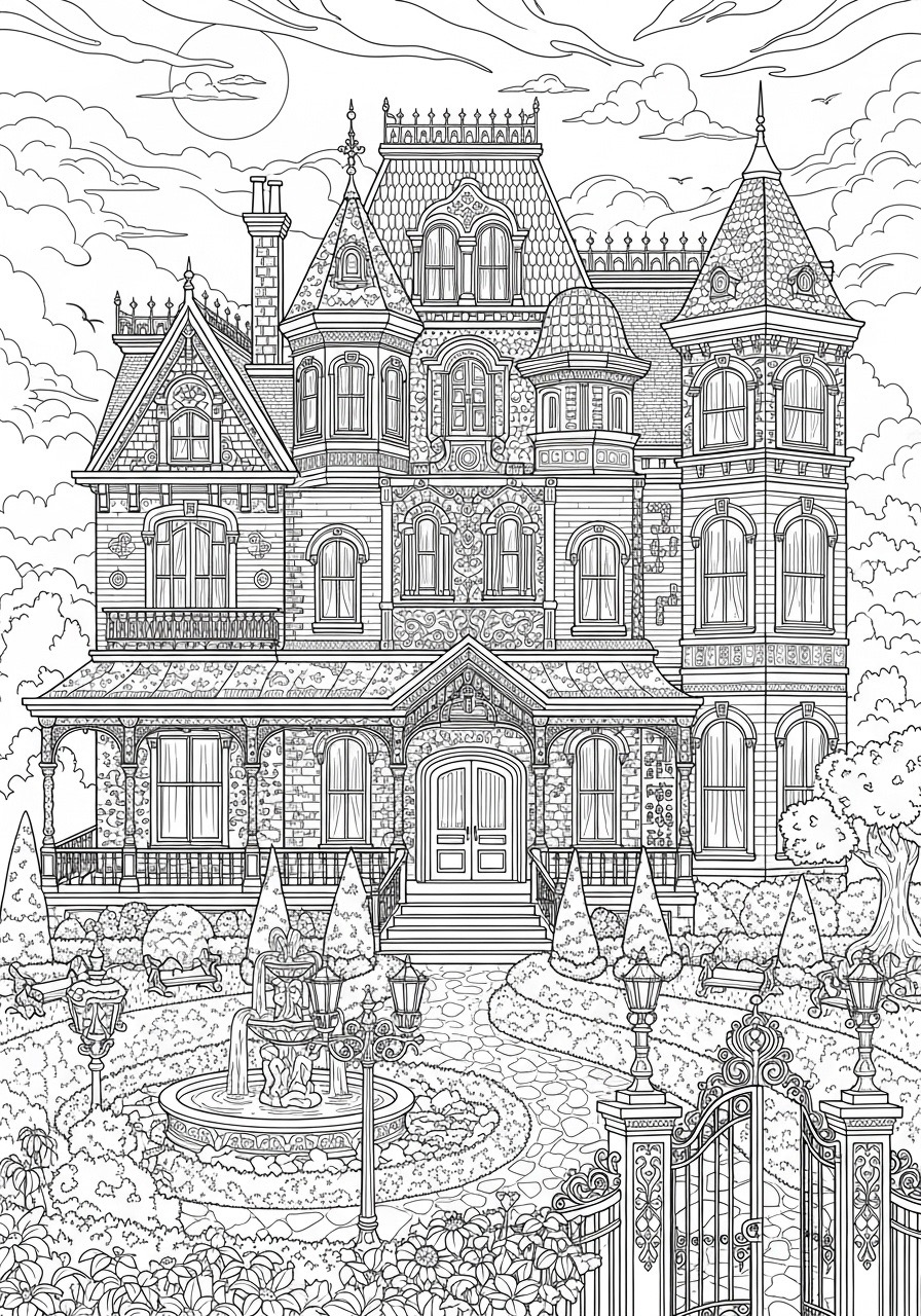 Desenho para Colorir para Adultos de uma mansão elegante