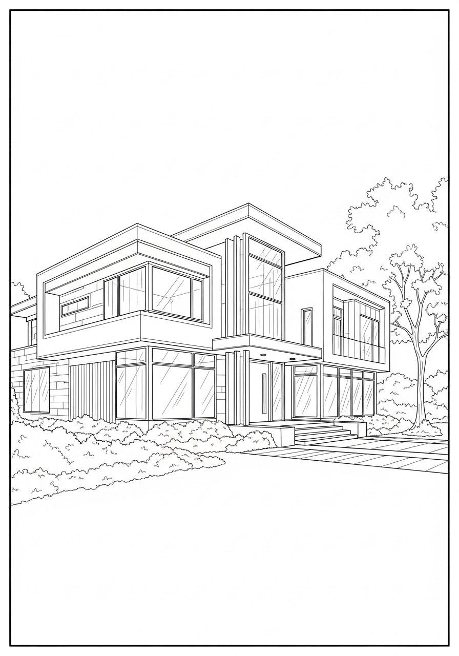 Desenho para Colorir para Adultos de uma casa moderna