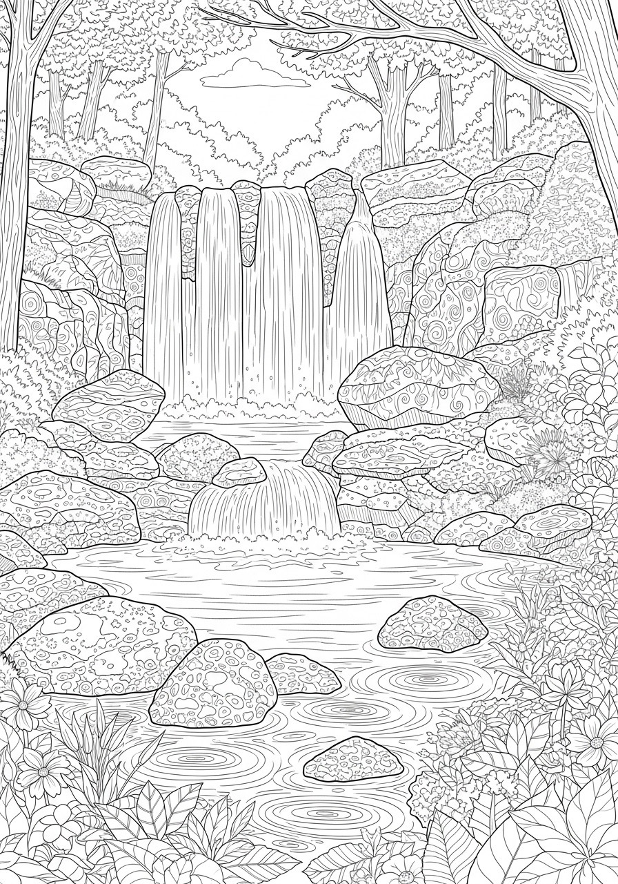 Desenho para Colorir para Adultos de uma cascata para colorir