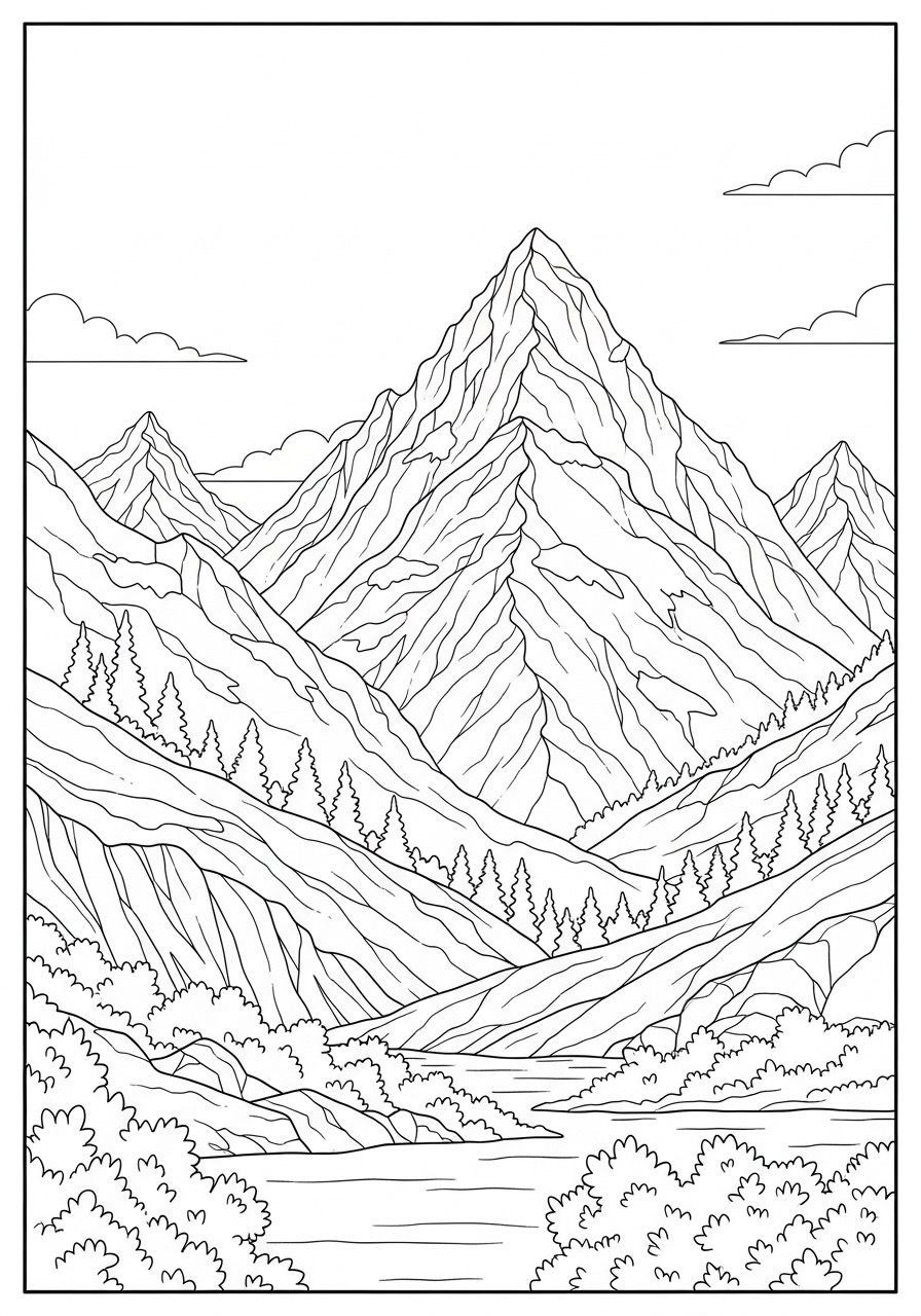 Desenho para Colorir para Adultos de montanhas e paisagens