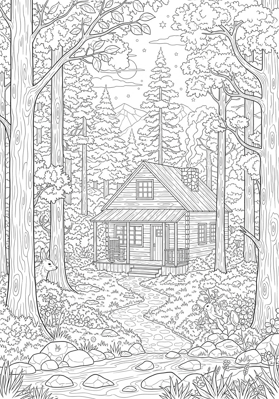 Desenho para Colorir para Adultos de uma casa na floresta