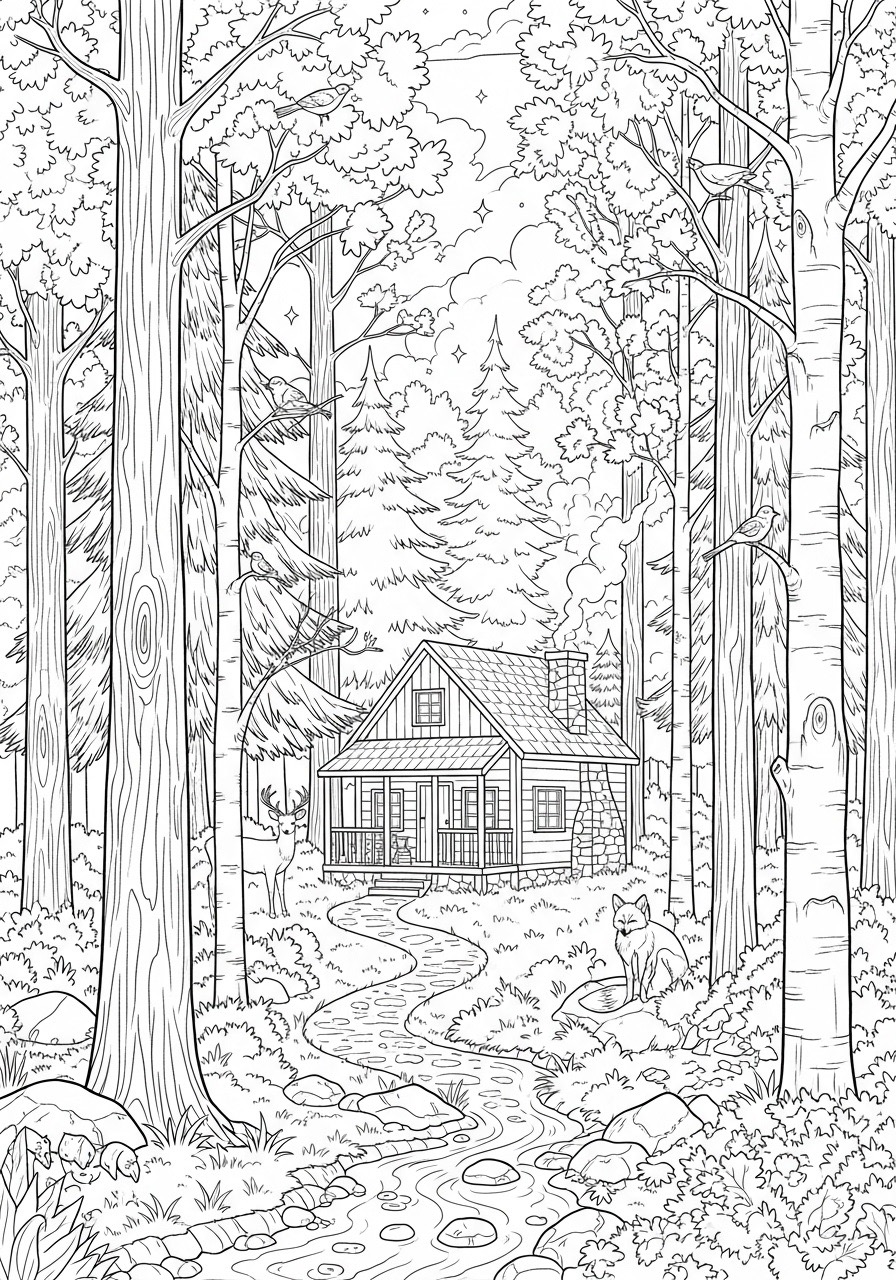 Desenho para Colorir para Adultos de uma cabana na floresta