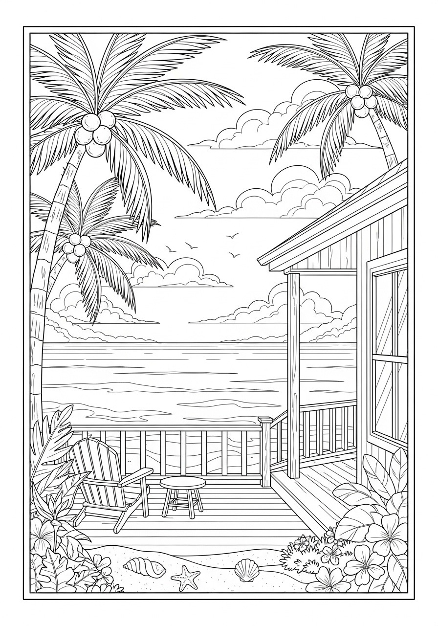 Desenho para Colorir para Adultos de uma casa na praia