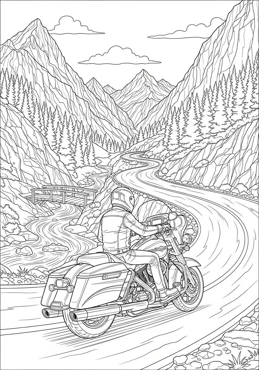 Desenho para Colorir para Adultos de uma moto em montanha