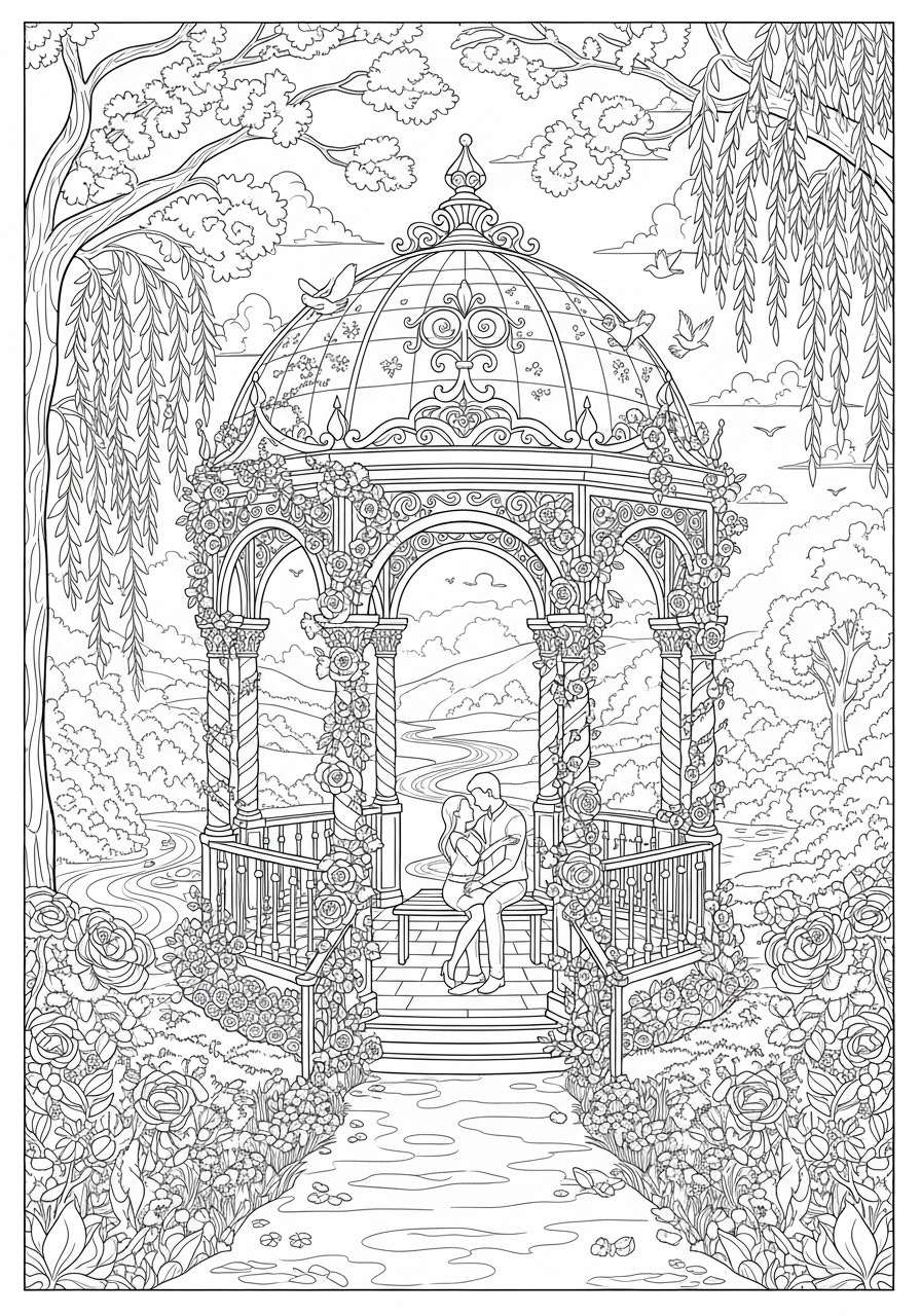 Desenho para Colorir para Adultos de um gazebo com casal