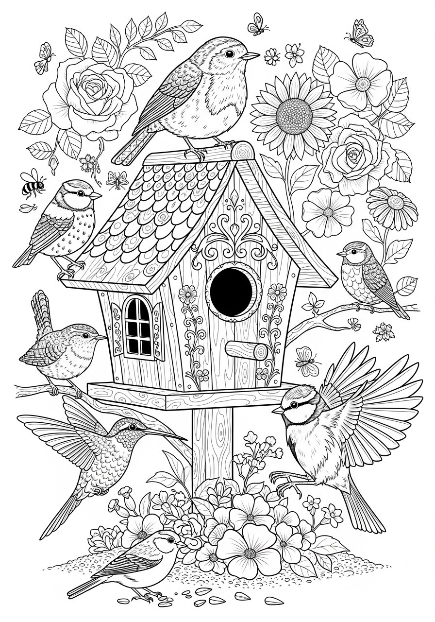 Desenho para Colorir para Adultos de um passarinho e um ninho