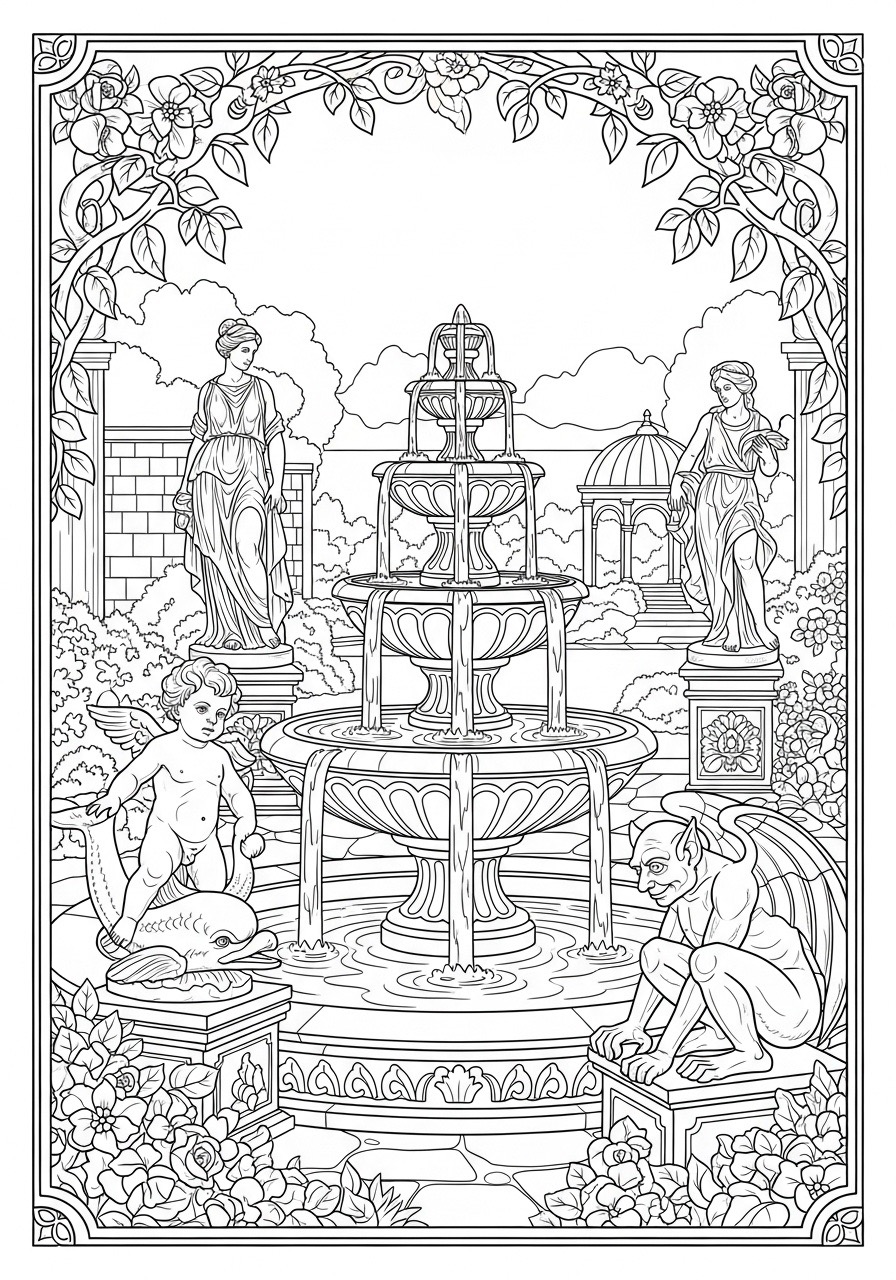 Desenho para Colorir para Adultos de uma fonte com estátuas
