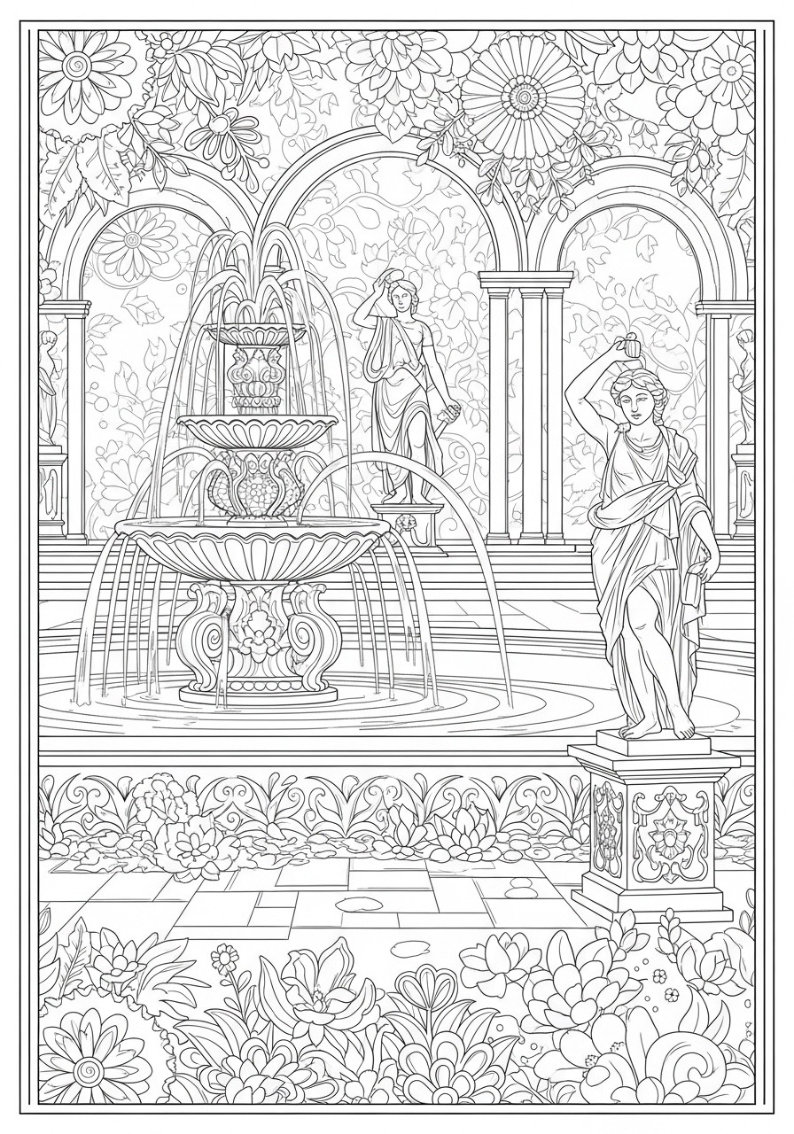 Desenho para Colorir para Adultos de fonte em um jardim