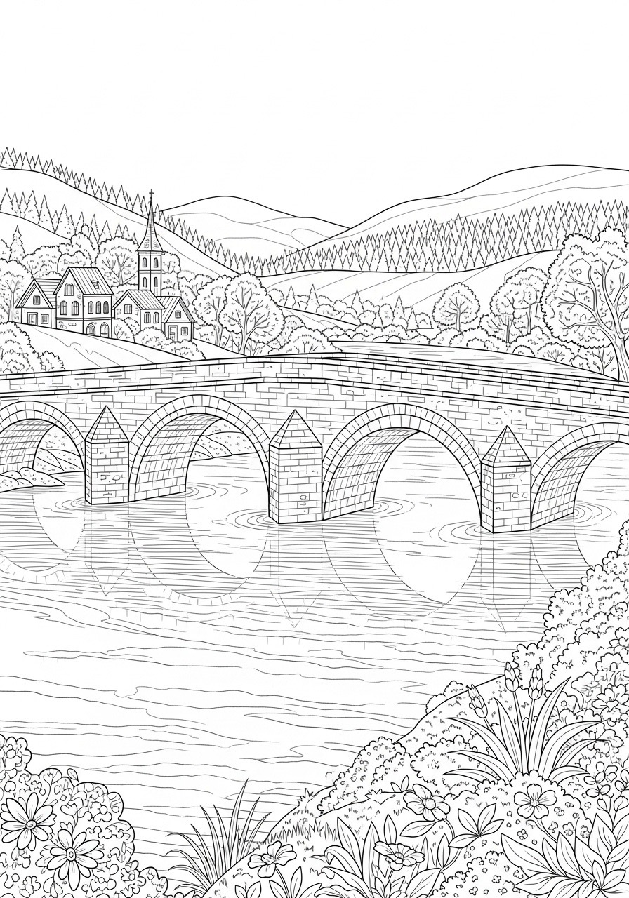 Desenho para Colorir para Adultos de uma ponte sobre um rio