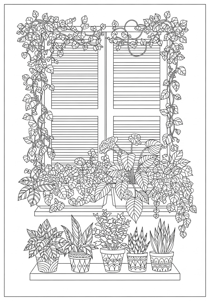 Desenho para Colorir para Adultos de uma janela com plantas
