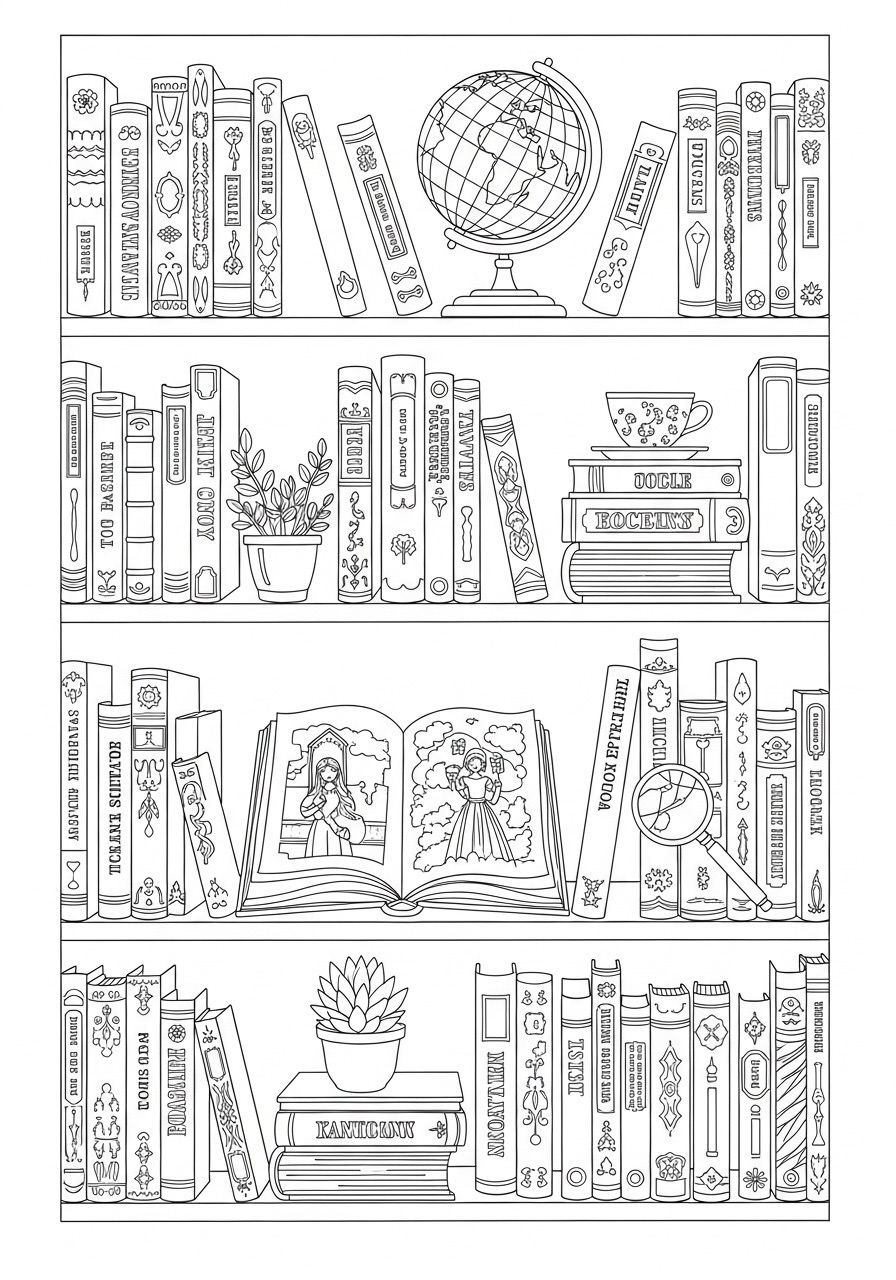 Desenho para Colorir para Adultos de prateleira de livros