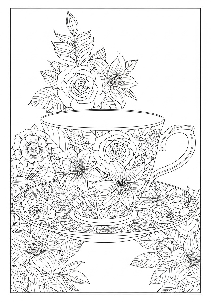 Desenho para Colorir para Adultos de uma xícara com flores