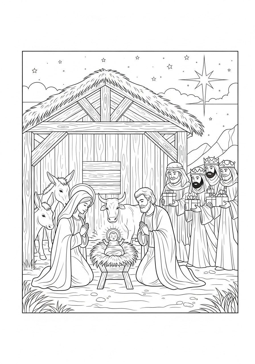 Desenho de Nascimento com Bebê Jesus para colorir