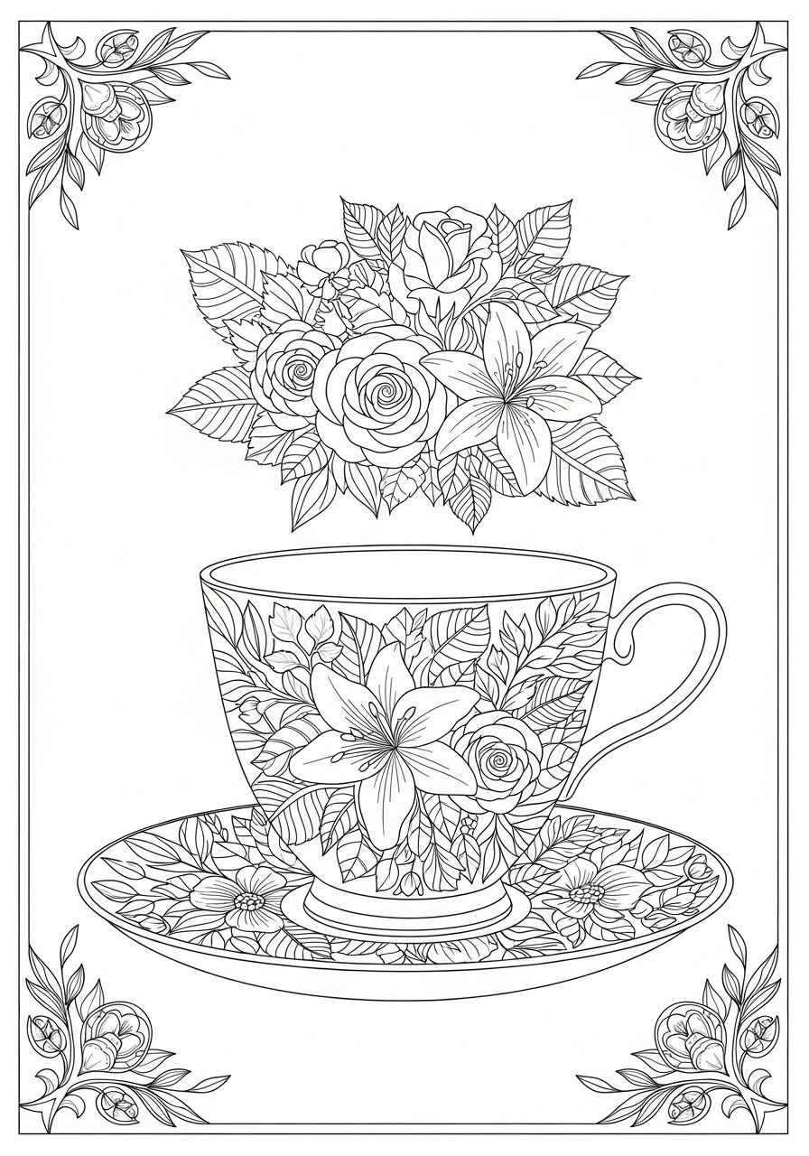 Desenho para Colorir para Adultos de uma xícara com flores