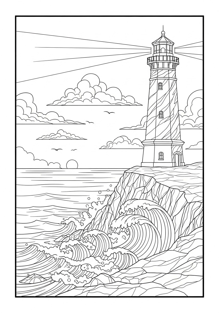Desenho para Colorir para Adultos de um farol e ondas do mar
