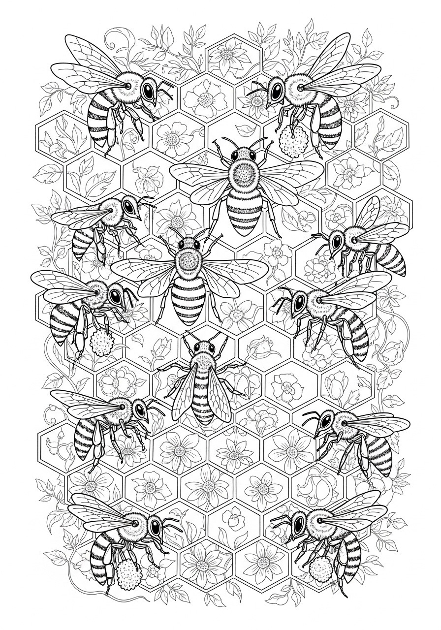 Desenho para Colorir para Adultos de abelhas em flores