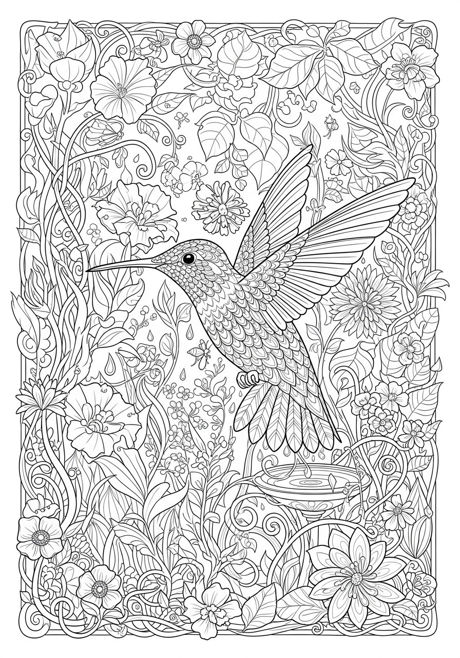 Desenho para Colorir para Adultos de um beija-flor entre flores