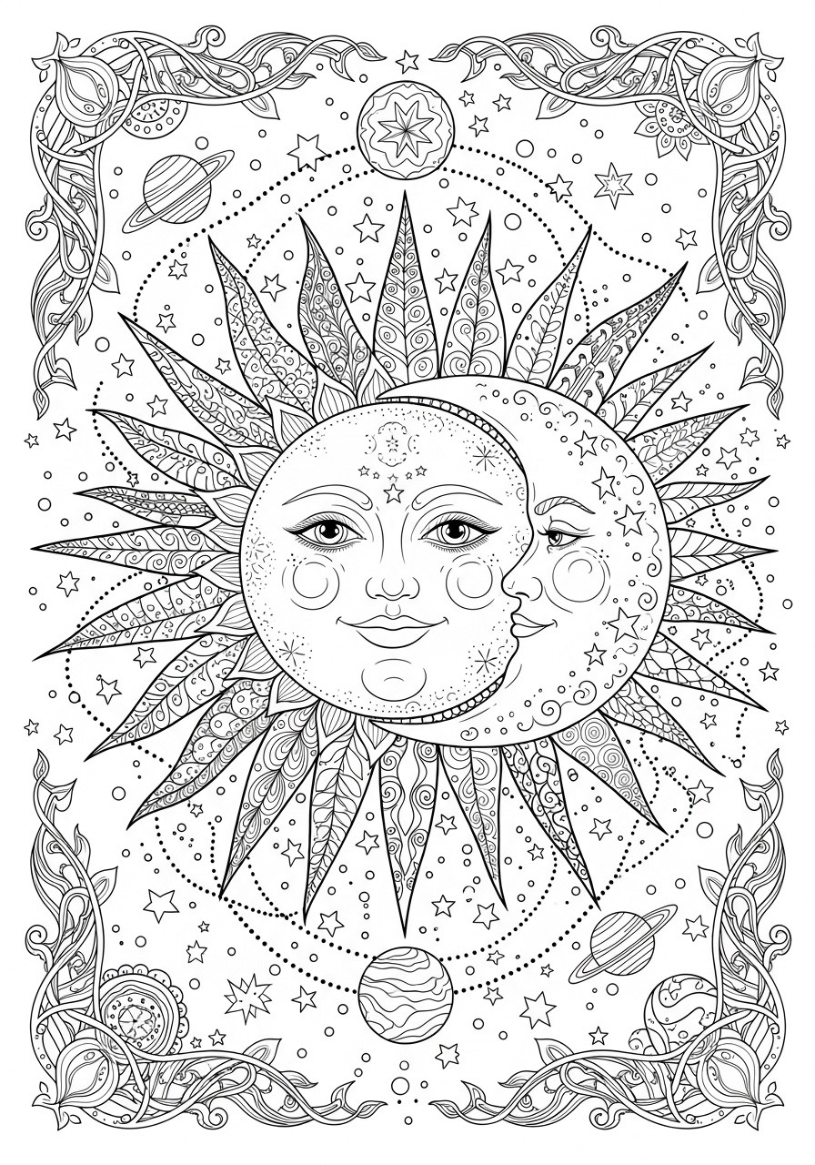 Desenho para Colorir para Adultos do sol e da lua