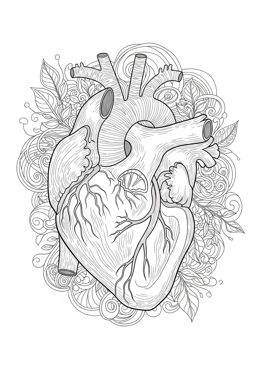 Desenho para Colorir para Adultos de um coração com folhagens
