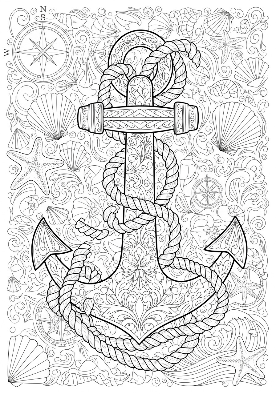 Desenho para Colorir para Adultos de uma âncora com conchas