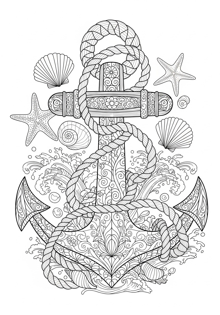Desenho para Colorir para Adultos de um âncora com elementos marinhos