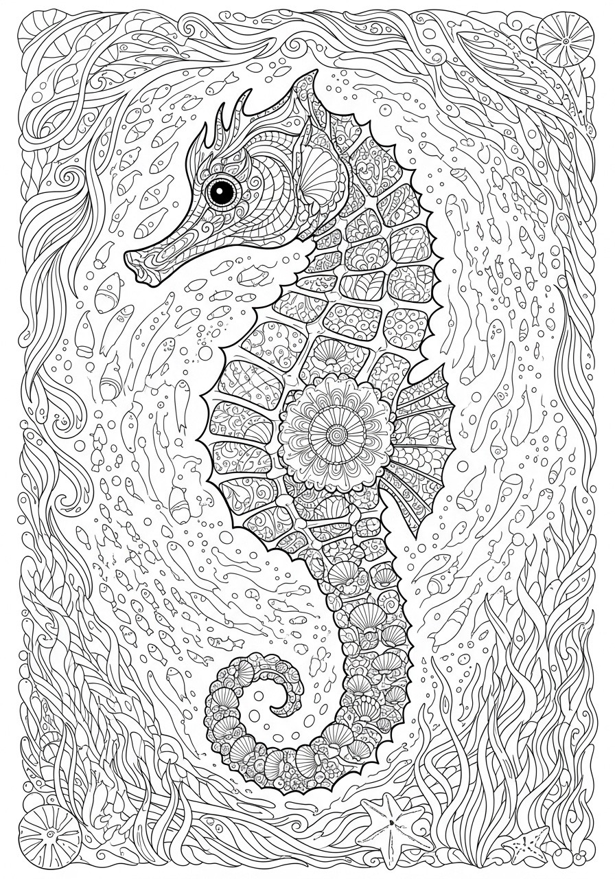 Desenho para Colorir para Adultos de um cavalo marinho