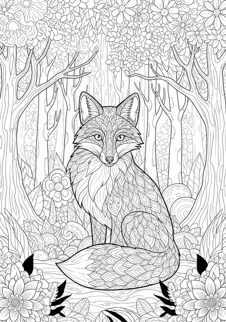 Desenho para Colorir para Adultos de uma raposa em floresta