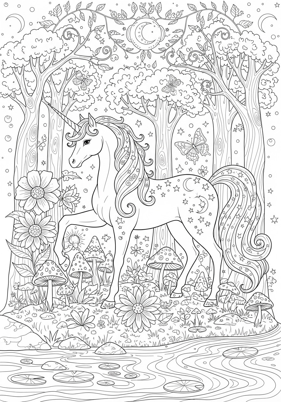 Desenho para Colorir para Adultos de um unicórnio na floresta