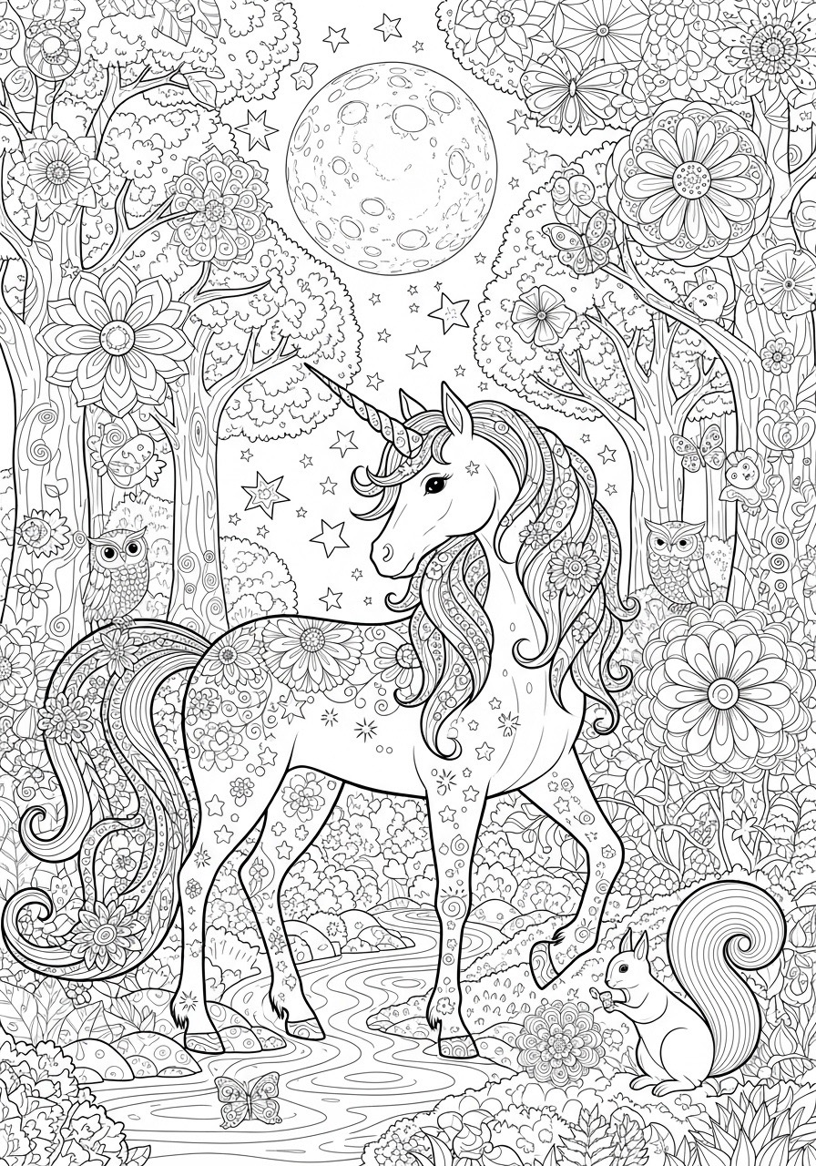 Desenho para Colorir para Adultos de um unicórnio com flores