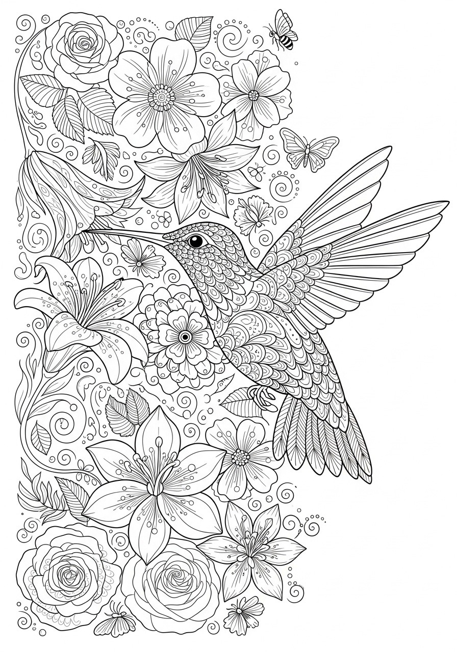 Desenho para Colorir para Adultos de um colibri entre flores