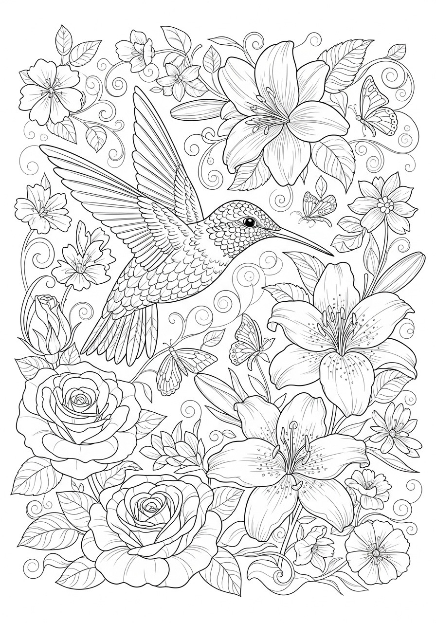 Desenho para Colorir para Adultos de um beija-flor e flores