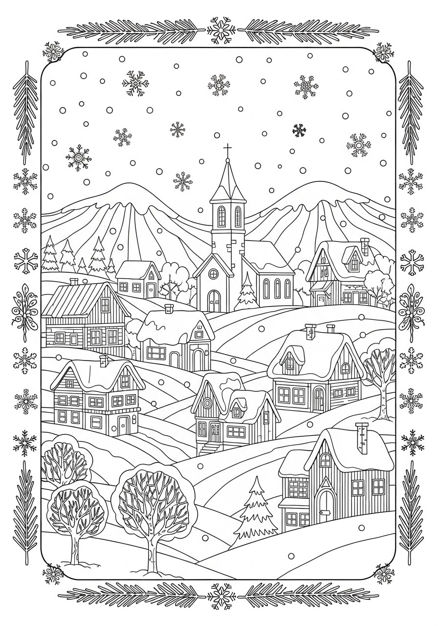 Desenho de Paisagem Inverno com Casas para colorir